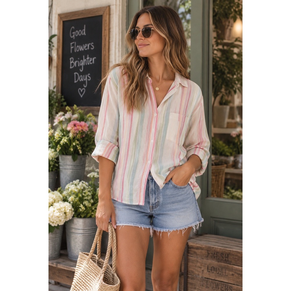 Rails Shirt Women Large White Pink Green Ellis Stripe Button Down Preppy Coastal